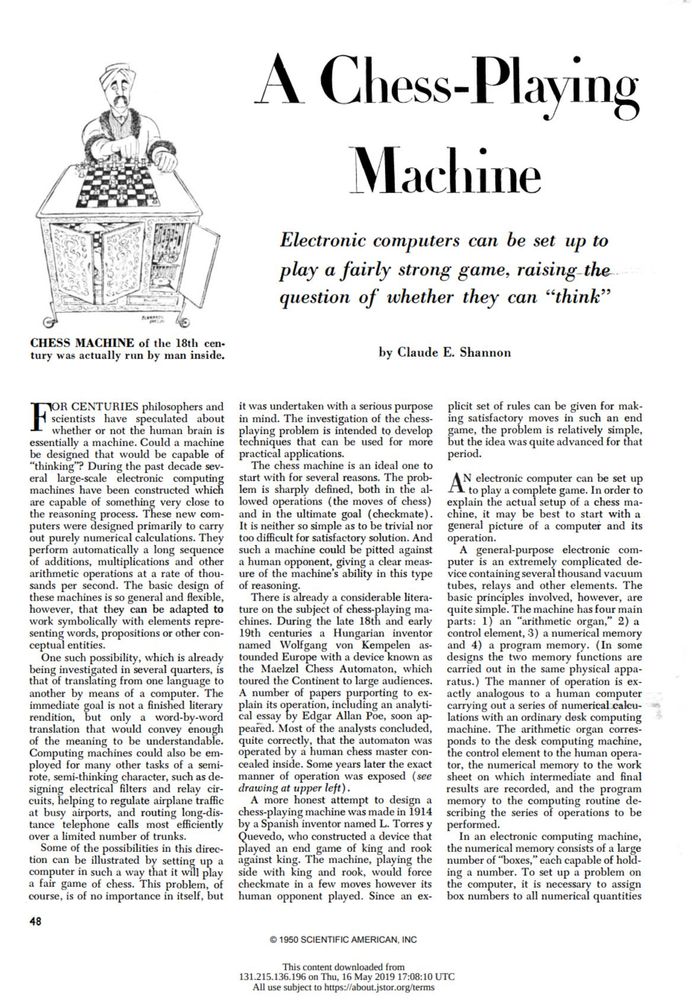 A Chess-Playing Machine: Electronic computers can be set up to play fairly strong game, raising-the question of whether they can “think”