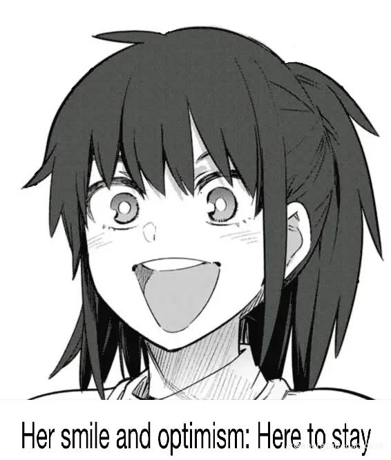 A black and wite image of a smiling girl with dark hair in a ponytail with the caption "Her smile and optimism: Here to stay"