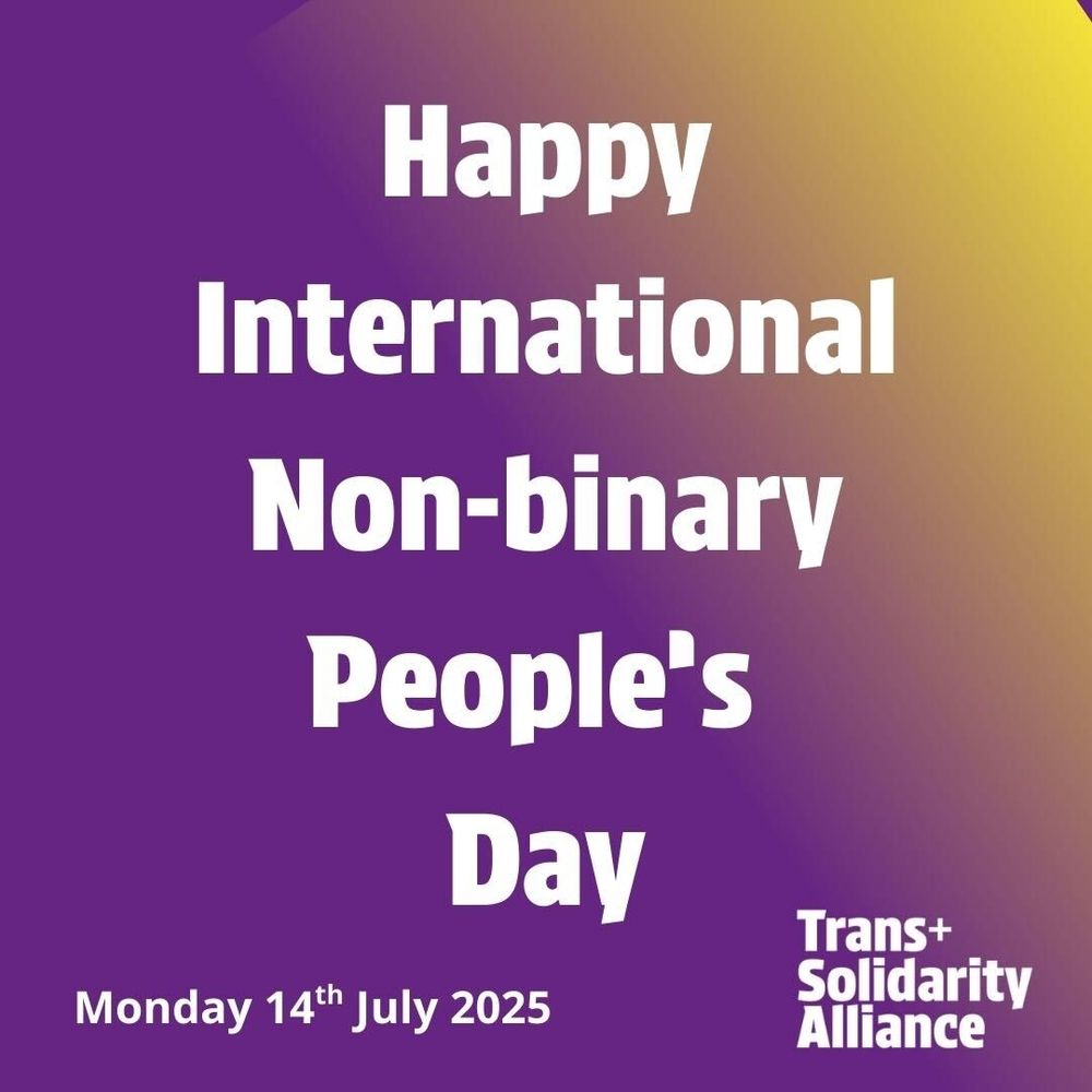 A purple and yellow gradient background with Happy International Non-binary People's Day written on it in white