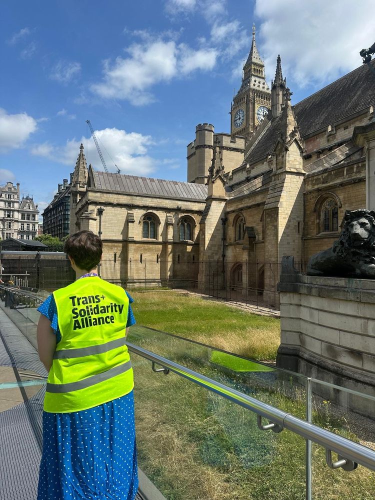 Someone in a Trans+ Solidarity Alliance hi vis vest walking into Parliament with Big Ben in the background