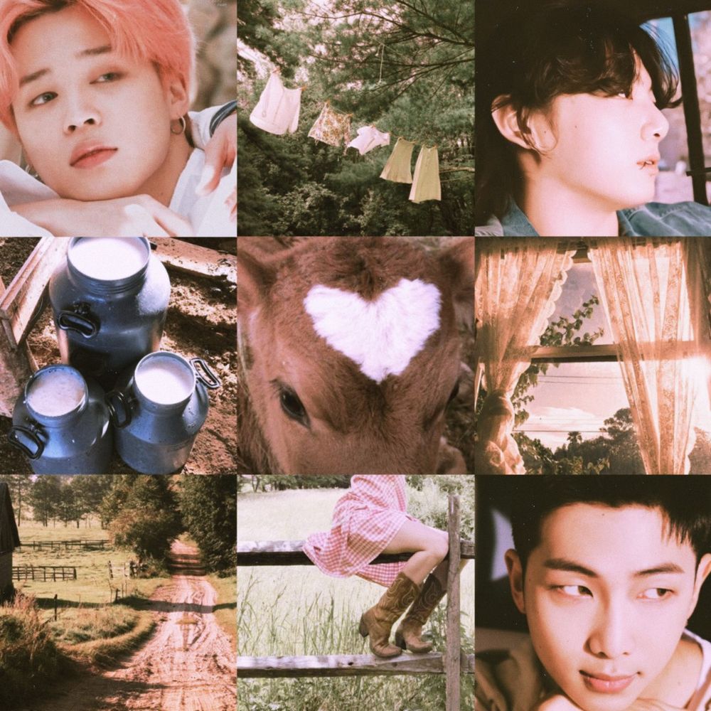 Namkookmin 3x3 mooboard - featuring a picture of pink haired Jimin gazing into the distance, a clothing line swaying in the wind, Jungkook looking out the window, 3 full milk pails, a brown cow with a white heart mark on the top of it's head, a window with a view of a sunny day and lacy curtains, a dirt road on a farm, a person straddling a wooden fence and wearing a pink gingham dress and brown cowboy boots, Namjoon softly smiling and gazing off to the side. 

#namkookmin #minjoonkook