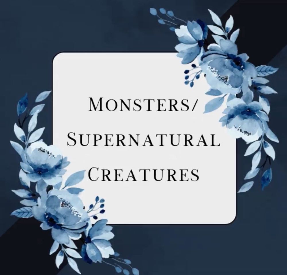 A still from the deaddove bottom jimin fest gif game on twitter - this screen shot features a white text box with black lettering on a dark blue background with two light blue flower arrangements on opposite ends of the text box. 1st Trope: Monsters/Supernatural Creatures