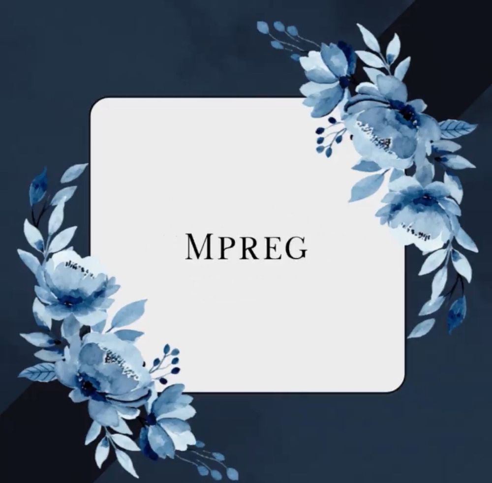 A still from the deaddove bottom jimin fest gif game on twitter - this screen shot features a white text box with black lettering on a dark blue background with two light blue flower arrangements on opposite ends of the text box. 2nd Trope: Mpreg