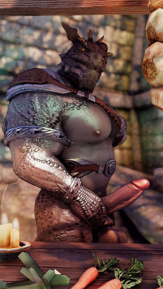 A screenshot of modded gameplay from TESV: Skyrim. It shows a large, muscular Argonian man showing off his huge cock at a market stall, implying that his body is for sale. It's a nice picture.