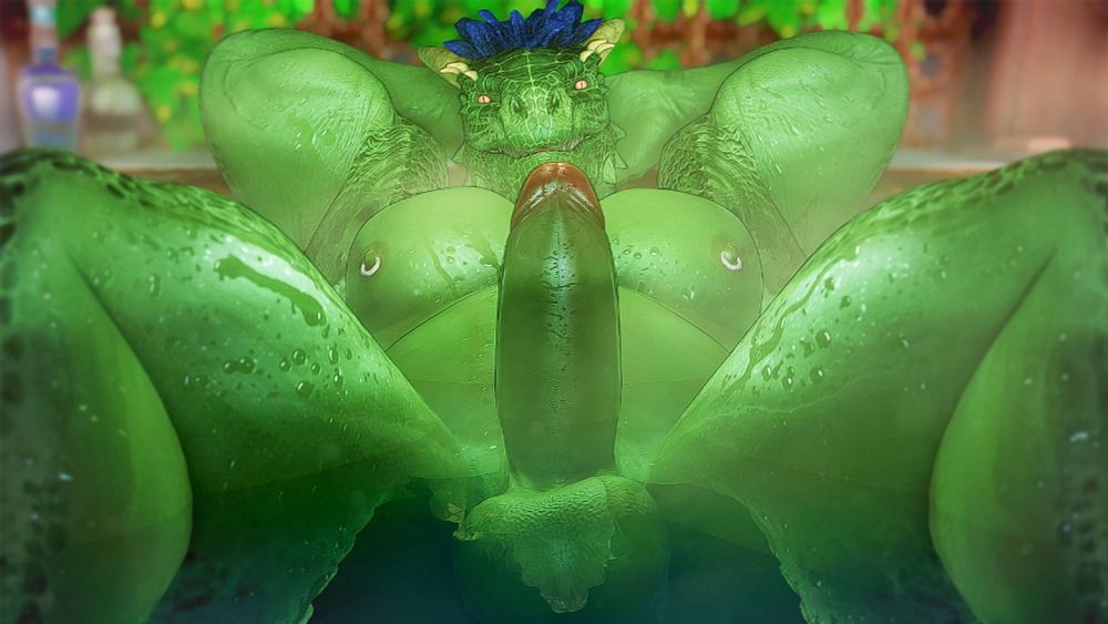 Screenshot of The Elders Scrolls V: Skyrim Legendary Edition turned into a gay porn machine by copious amounts of unholy mods. The image shows a green fat Argonian male sitting in a bathtub. With a cheeky grin on his face, he spreads his legs to show you his massive erection. It's a nice picture.