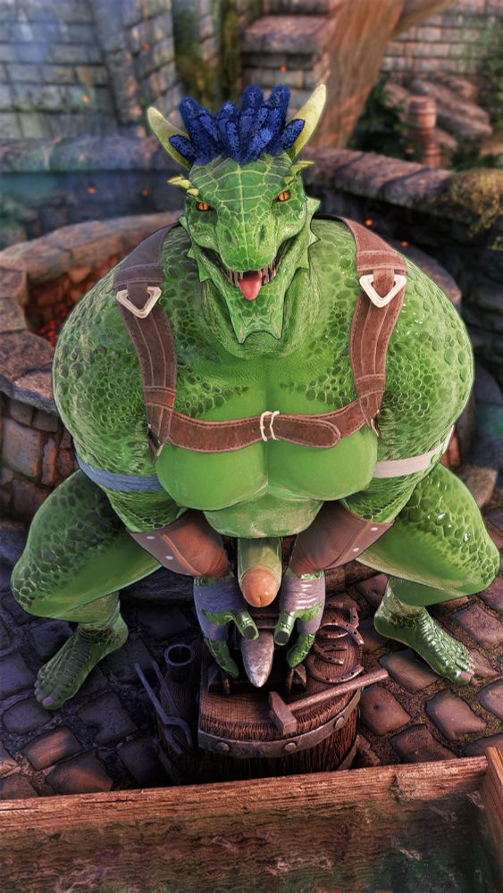 Screenshot of modded gameplay from TESV: Skyrim. It shows a beefy Argonian male rubbing his rock hard cock against an anvil. Wearing nothing but a harness, he sticks his tongue out and looks at the camera as an invitation for sexual intercourse. It's a very horny picture, yes.