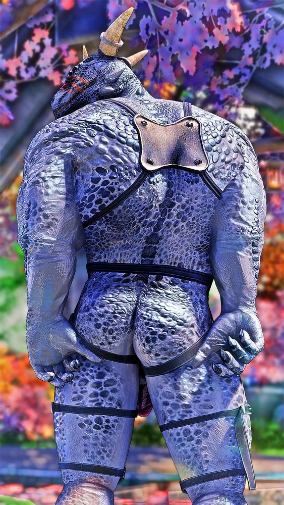 A screenshot of heavily modded gameplay from the PC game "The Elder Scrolls V: Skyrim LE". It shows a large, muscular Argonian male from behind. He has no tail, but a fairly respectable ass. His dick is long enough to be visible through his thighs, so that's as good as a tail, right?