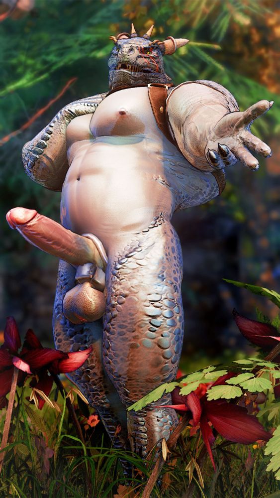 A screenshot of the heavily moddified video game "The Elder Scrolls V: Skyrim". It shows a huge Argonian male with a giant erection reaching out to you as an invitation to have sex.