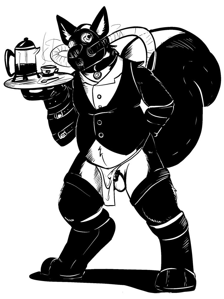 Black and white drawing of a dog furry wearing bondage gear to appear as if he is a skunk, wearing a gas mask and skunk tail. He is holding a moka pot of coffee on a tray with a teacup.