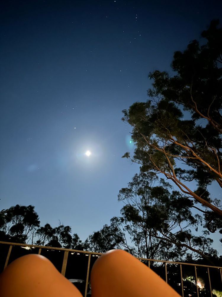 Woman’s knees at bottom of the image, sitting on as balcony overlooking gum trees the moon and the starry night sky