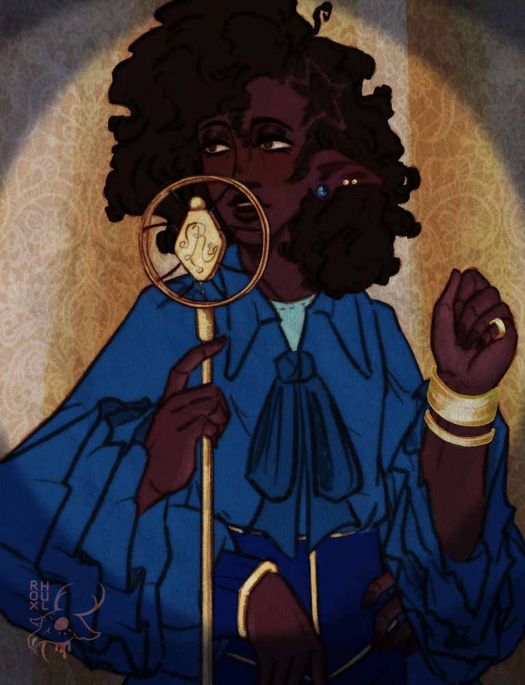 A digital drawing of Riff, done in a semi-realistic style. They are shown from the waist up standing at a golden microphone and in the center of the spotlight, posing for their audience as they sing. 