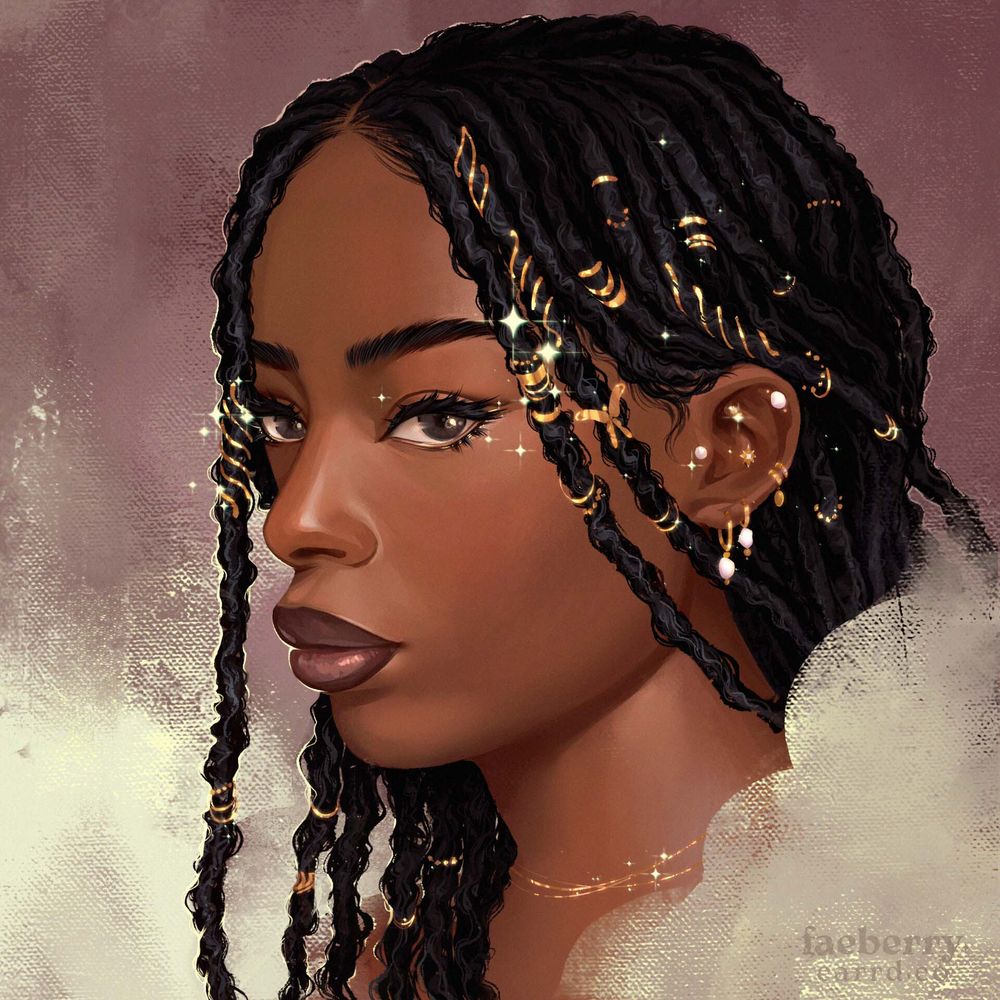 Digital portrait painting of a black woman with butterfly locs. Her hair is adorned with gold accessories and there are gold and pearl piercings in her ear. Her expression is neutral, inquisitively looking towards the viewer.