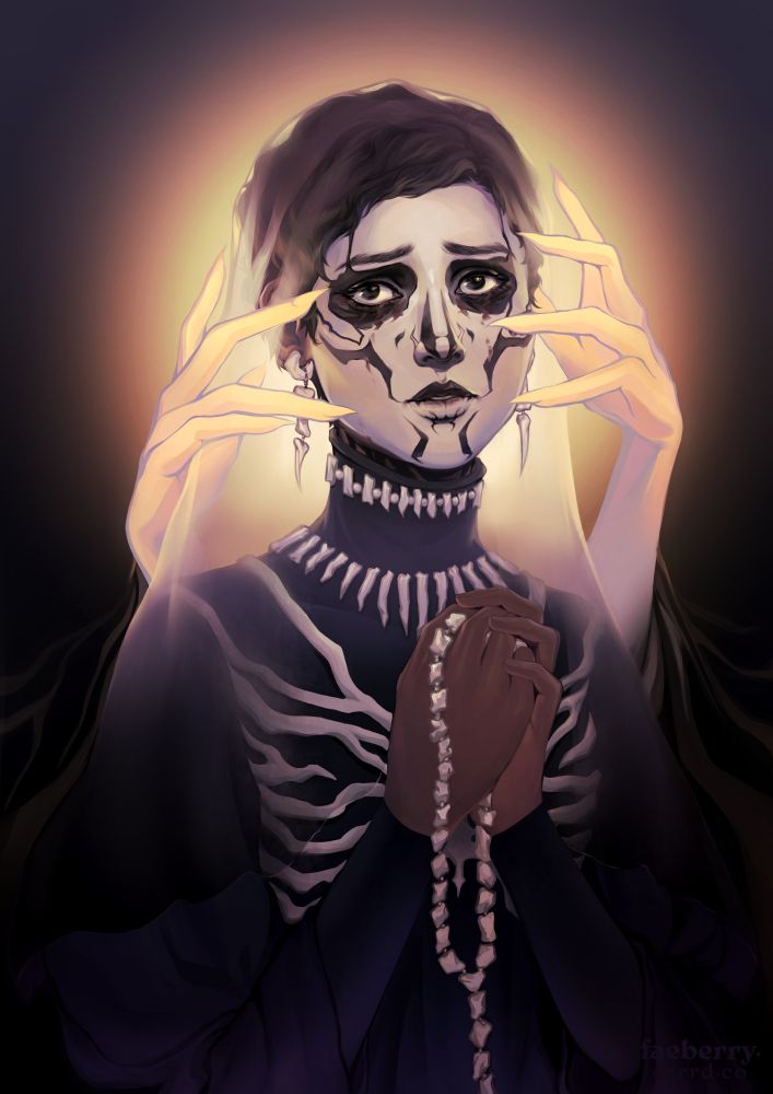 Digital painting of Harrowhark Nonagesimus, a necromancer from The Locked Tomb book series. She is wearing a black robe vestment overlaid with bone and a light, wispy veil. Her hands are clutching a bone rosary. There is a halo around her distressed face and two large, ghostly yellow hands are framing her head.