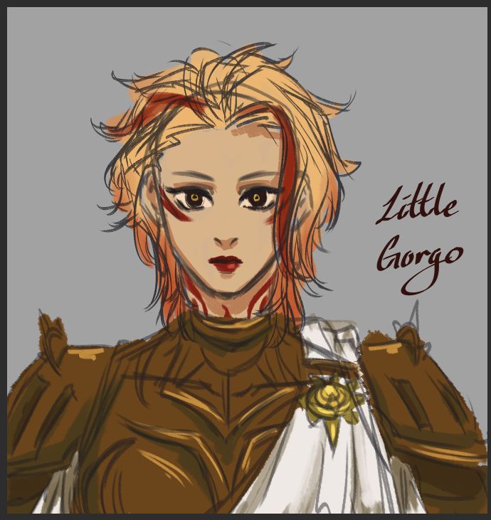 loose sketch of a blonde character with dark eyes and what seems to be fantasy bronze armor. next to the character is the text "Little Gorgo"