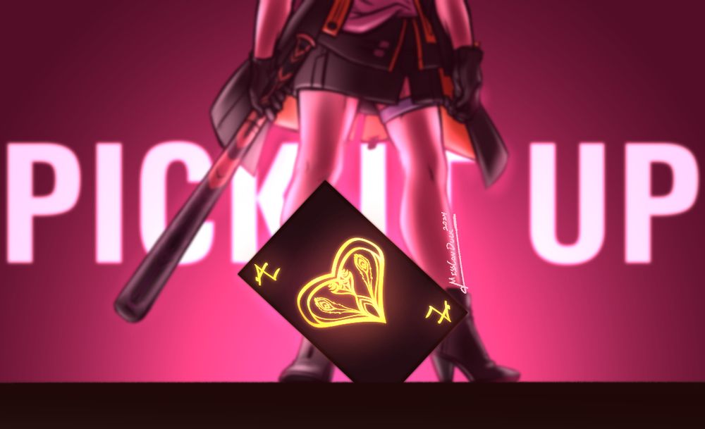 illustration of Stelle from Honkai: Star Rail standing menacingly in the background, baseball bat in hand. At the foreground as focal point, is a black card with glowing gold patterns; an Ace of Hearts with peacock motifs. the farthest background is a glowing, deep pink wall, and the words "pick it up" is written across it