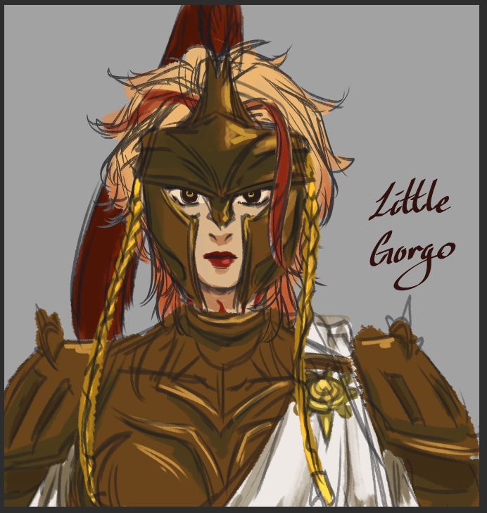 loose sketch of a blonde character with dark eyes and what seems to be fantasy bronze armor and wearing a stylized hoplite helm covering their face. next to the character is the text "Little Gorgo"