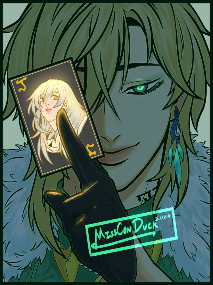 art of Aventurine from Honkai: Star Rail, smiling mysteriously as he holds up a card with Stelle's portrait and labeled with "J", indicating it as a Joker card. 