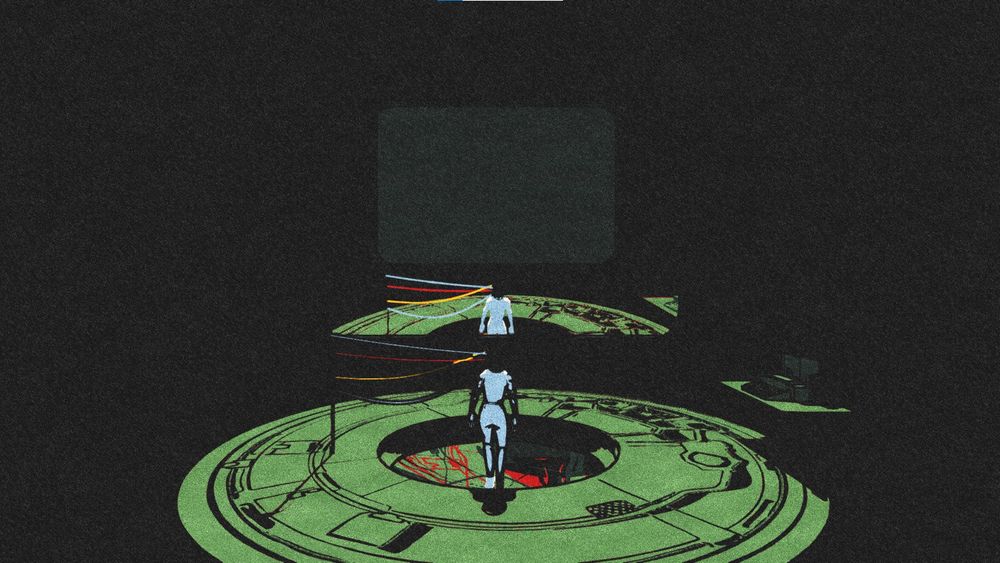 Iris steps forward into water in the middle of a circular, technologically structured platform. A mirror of the scene is show on the screen in front