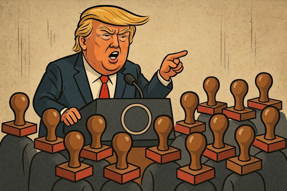 Cartoon picture of president trump giving a speech to a bunch of rubber stamps with human bodies.