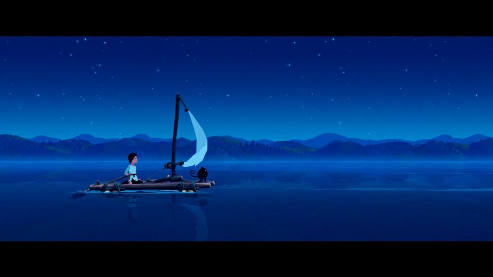Lana and Mui sailing on a skiff at night
