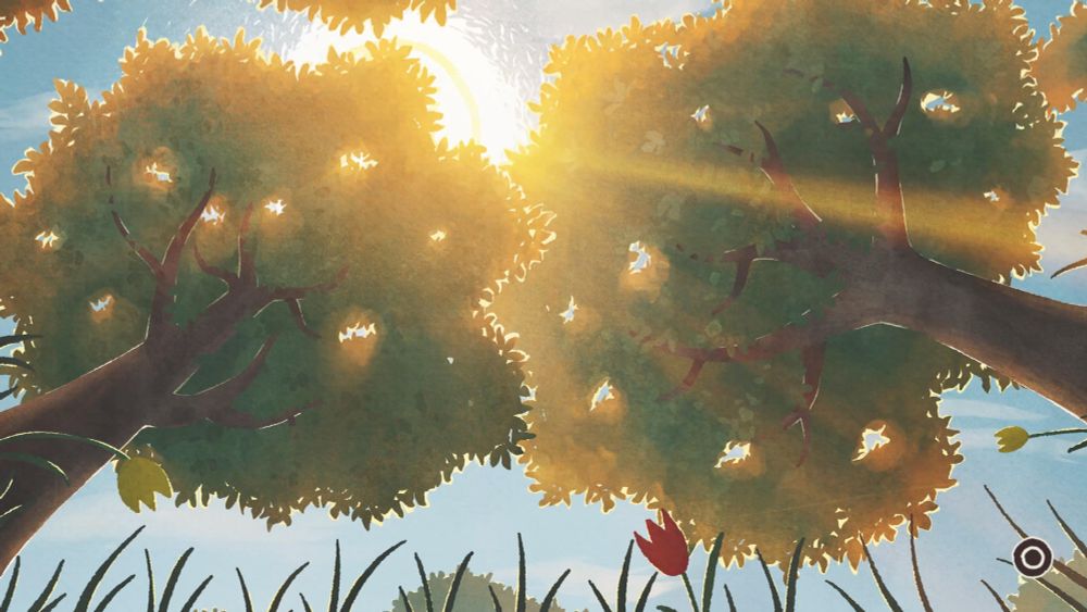The sun appearing behing two trees from the view of lying on the grass.