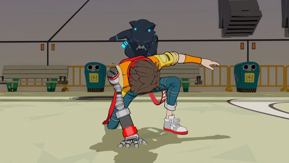 Chai kneeling down in a superhero landing pose, with 808 doing the same standing on Chai's back.