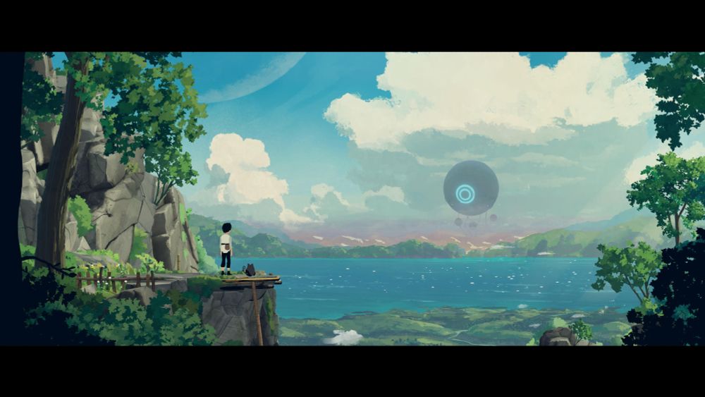 Lana and Mui standing on a ledge looking over a lake to a giant sphere robot in the background