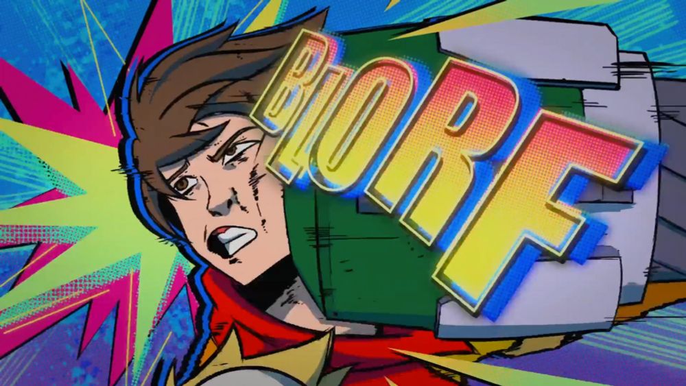 Comic panel-style of Chai being punched in the face by a robot arm with text saying "blorf"