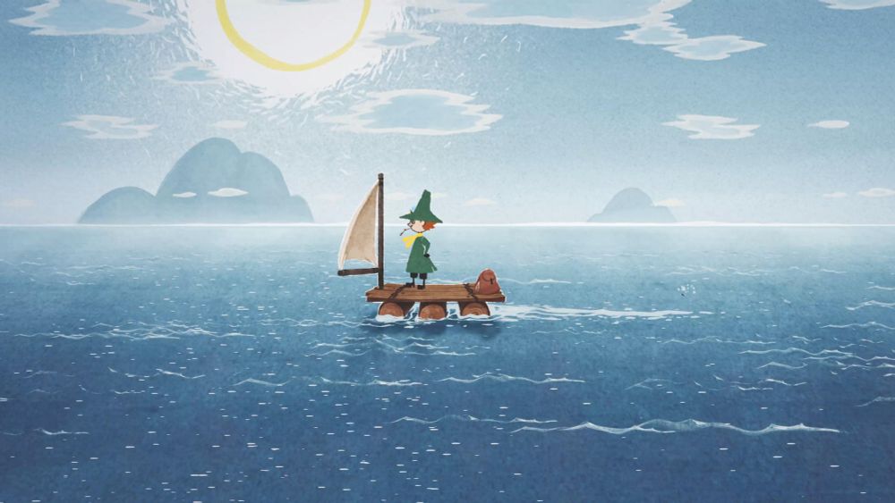 Snufkin standing on a skiff in the sea.