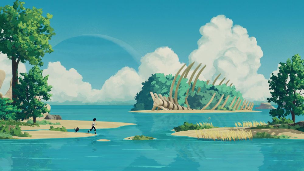 Lana and Mui running through shallow water with a skeleton (like from a museum) in the background