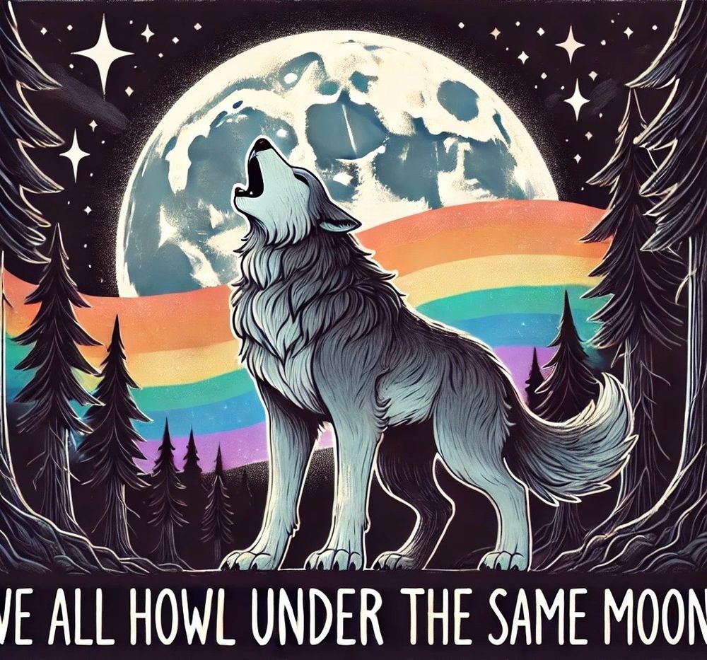 The image shows an illustrated wolf howling under a large, glowing full moon in a night sky. Behind the wolf, a rainbow arcs across the background, symbolising LGBTQ+ pride. Tall evergreen trees frame the scene on both sides, adding a sense of wilderness. The text at the bottom reads, “We all howl under the same moon,” conveying unity and inclusivity.