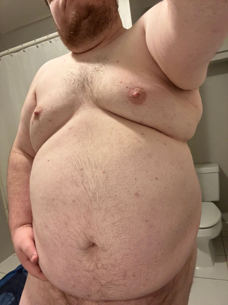 Nude selfie of a ginger bear holding his belly