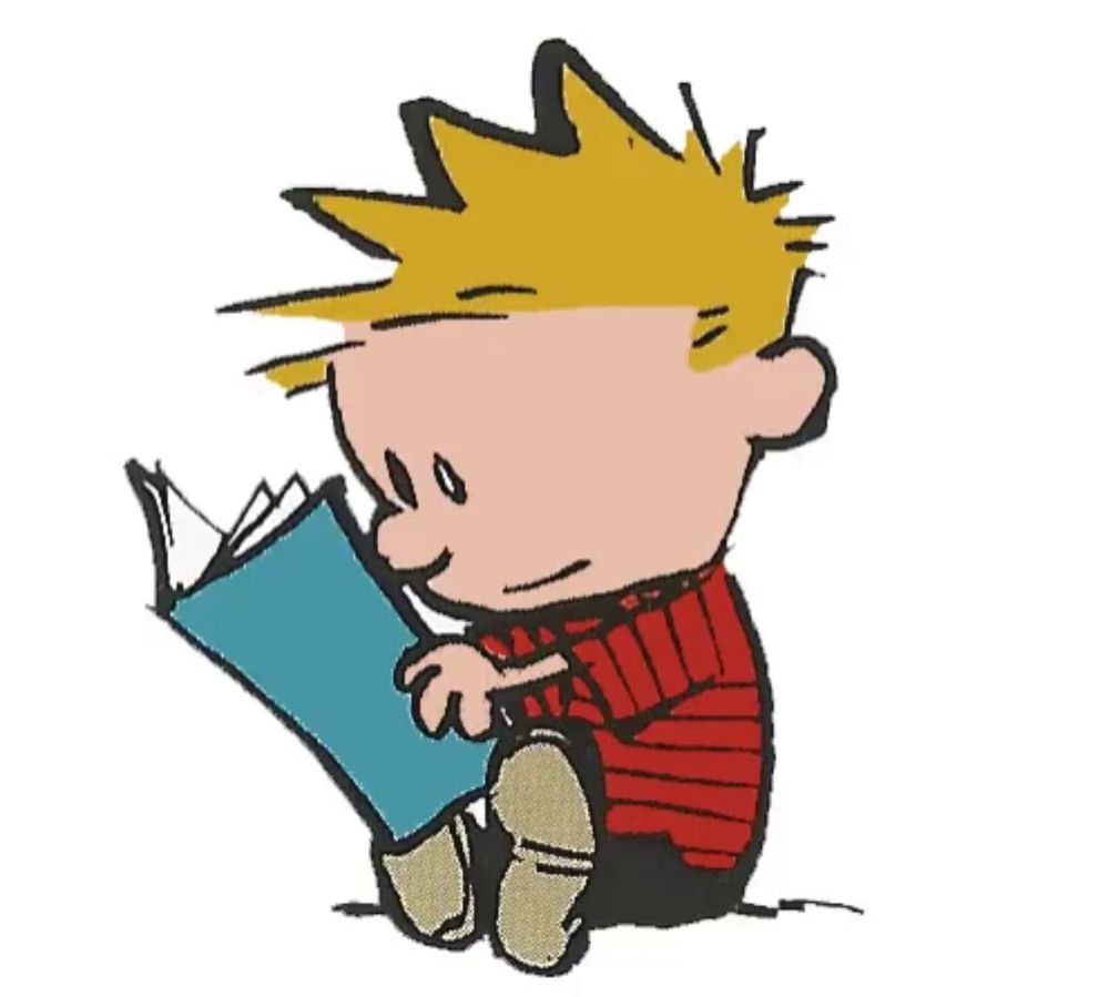 a cartoon of calvin and hobbes sitting down reading a book