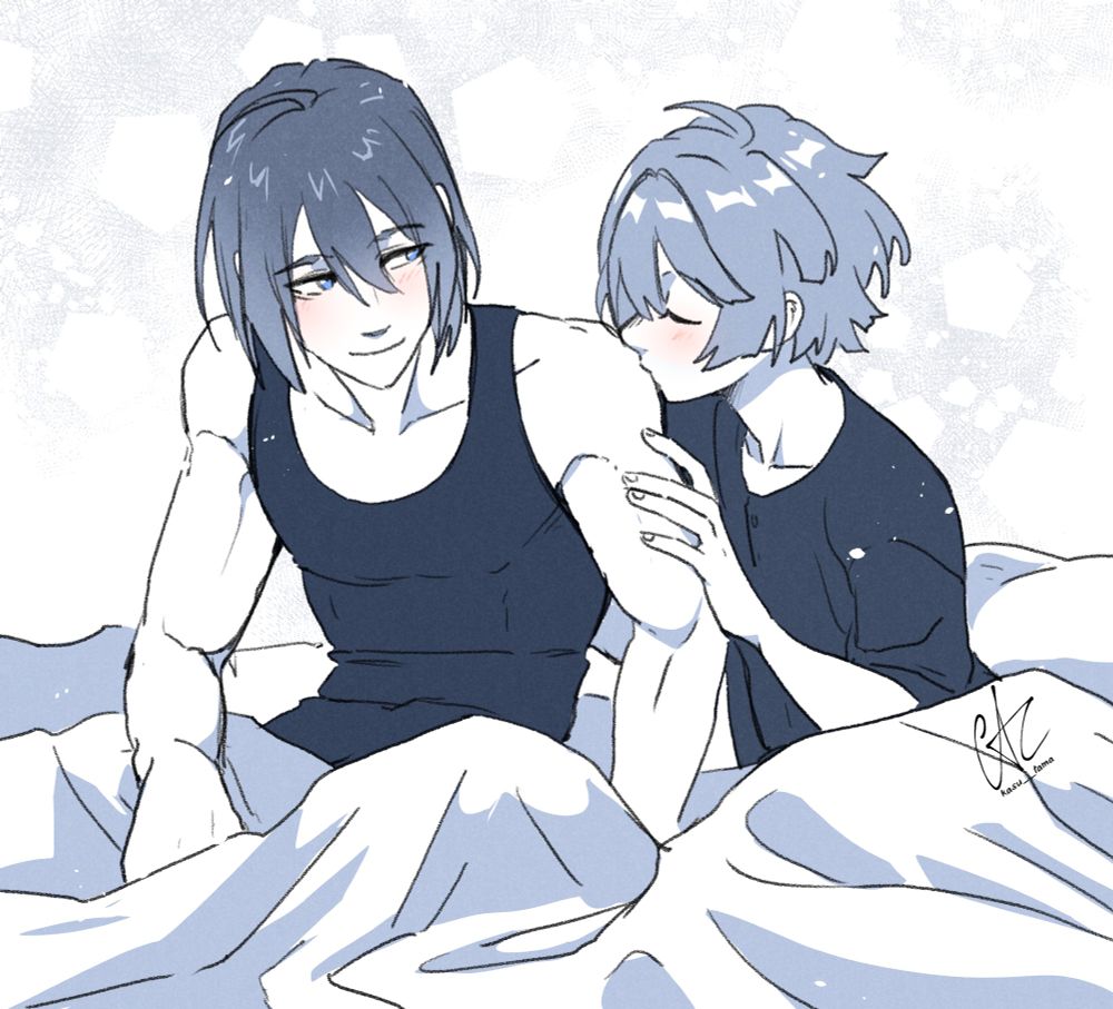Hazuki kissing Forte's shoulder.
