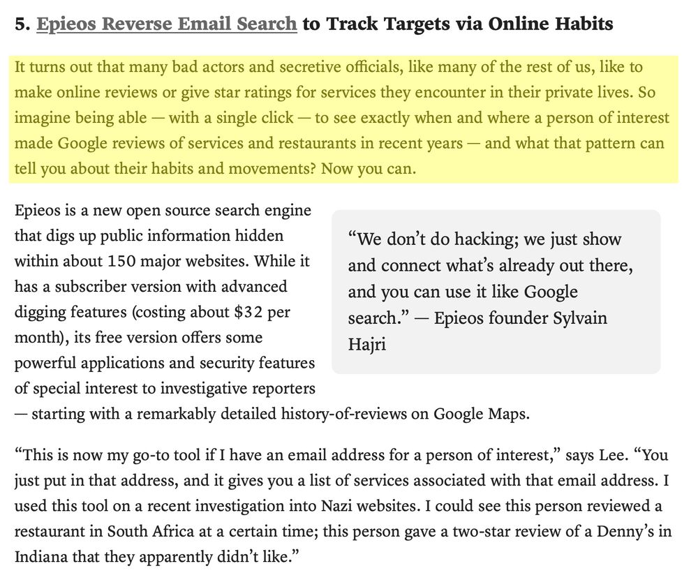 Screenshot from 2023 GIJN article that discussed the Epieos Reverse Email Search tool, which can be used to digitally track a person's past movements in real life via an email they use to post Google business reviews. 