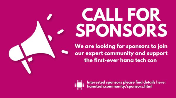 Call for sponsors visual. Berry coloured background with white megaphone on the left side and text on the rights side.