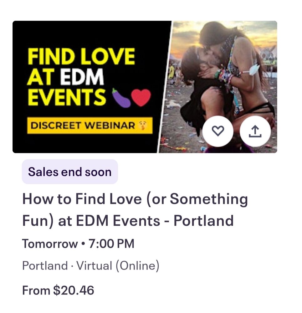 Screenshot of a listing for a virtual seminar called "find love at EDM events 🍆❤️)