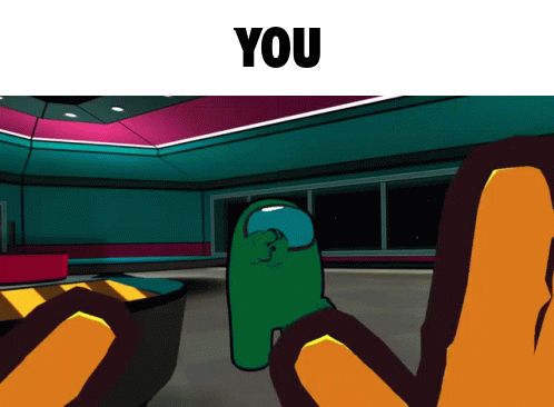 A sped up clip from a trailer for Among Us VR, featuring the green crewmate pointing aggressively at the yellow crewmate, who is putting up their hands in both fear and denial of the accusations against them. The perspective is from the yellow crewmate's point of view, but then switches to the green crewmate's point of view. The clip is captioned with the word "YOU" in all caps.