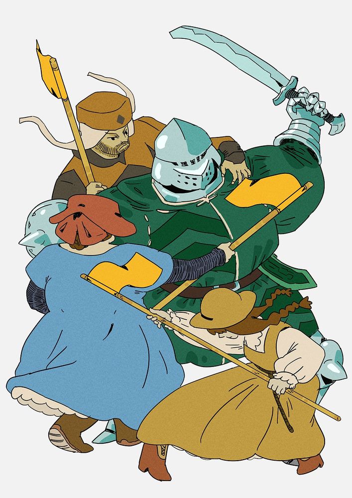 A fanart for Buhurt, a sport where participants in full medieval armour fight each other. 3 referees hold their flags out to stop an armoured fighter whose sword is in mid-swing.