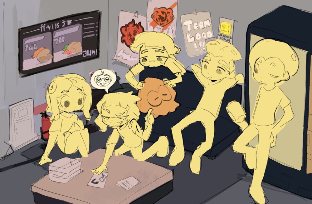digital illustration: five splatoon inklings / octolings sitting around a table in the splatoon 3 lobby