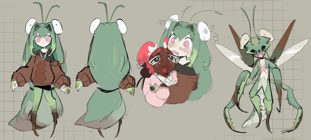 digital illustration: a reference sheet for a mantis-inspired girl
