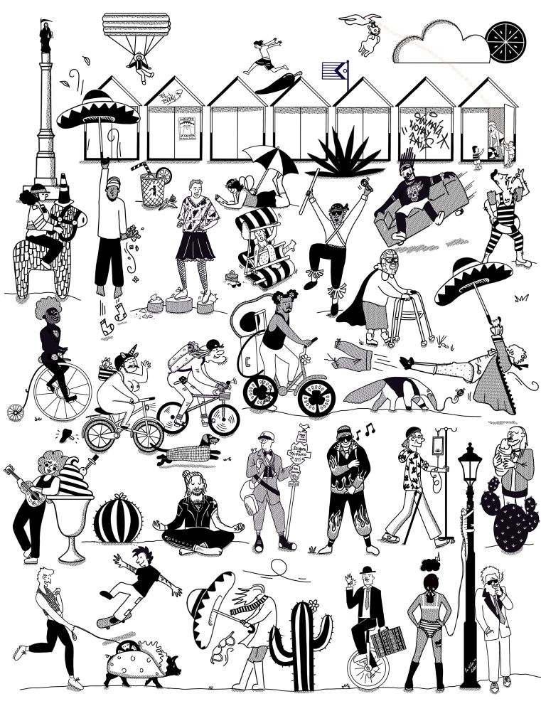 An illustration of multiple different characters on a beach in Hove, UK.