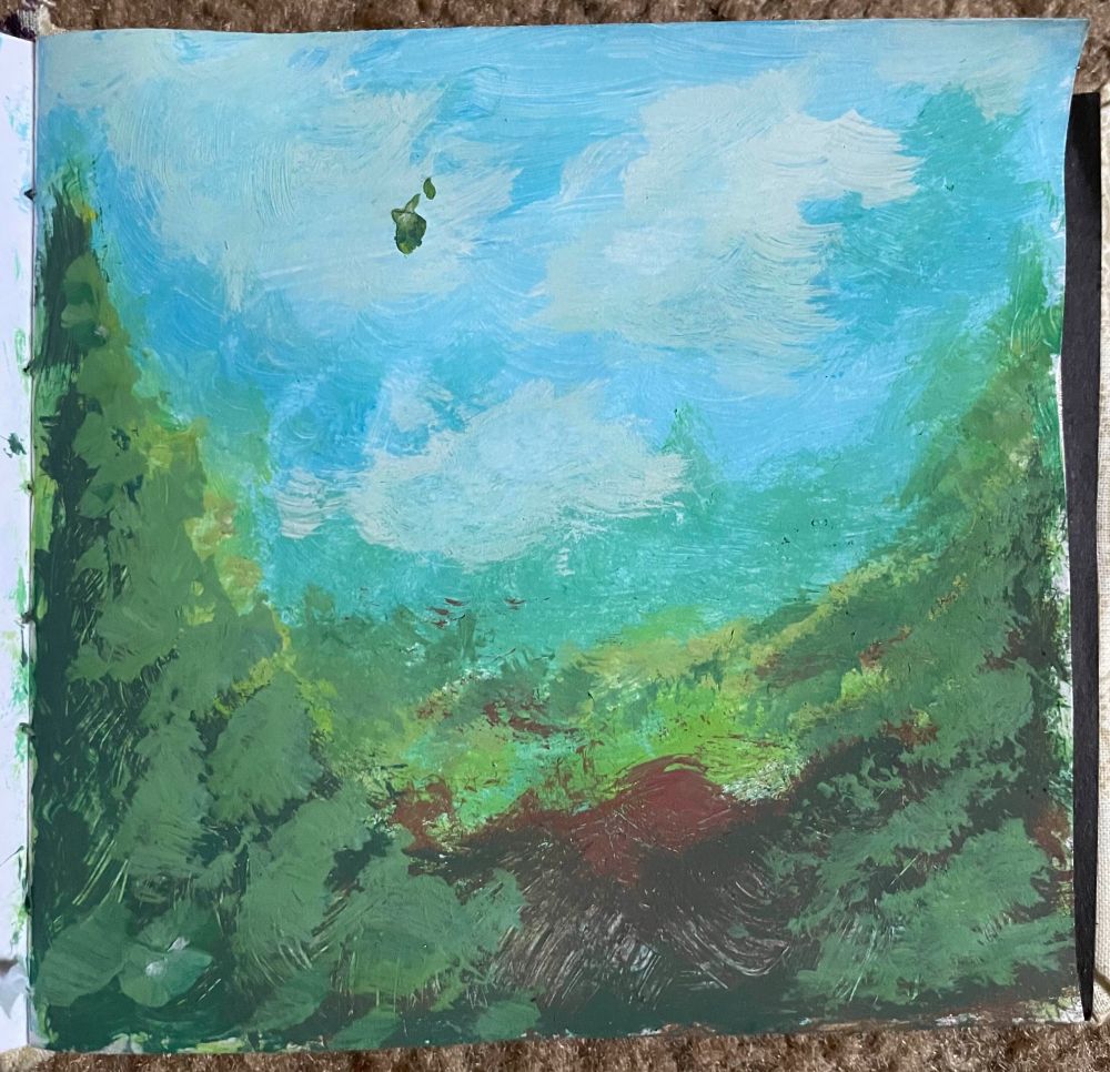 Acrylic painting of some trees and a cloudy sky.