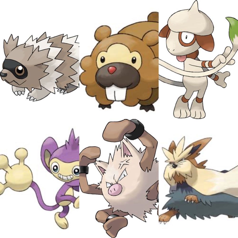 A 2x3 grid of Jackie's Pokémon team. From top to bottom, left to right: Zigzagoon, Bidoof, Smeargle, Aipom, Primeape, Stoutland.