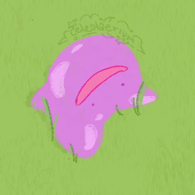 Doodle of Ditto, a purple-pink blob Pokémon with tiny dot eyes and a wide smile, laying in the grass.
