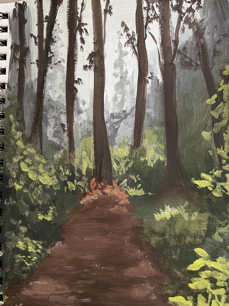 Gouache painting of a foggy forest; the sky is gray, there are some trees in the distance with barer ones up close. A dirt path is surrounded by lots of greenery.