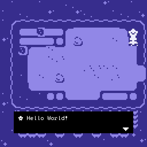 Screenshot from my Bitsy game, One Result Found. Two characters (a robot and a star-shaped creature) stand atop a blue-purple colored environment scattered with craters, lots of stars surround them. The creature says, "Hello World!" in a black text box with white text.