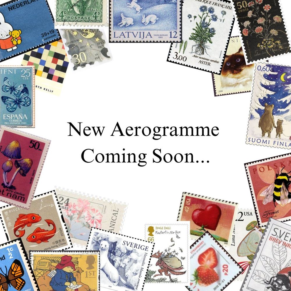 New Aerogramme Coming Soon written in text, surrounded by various cute and aesthetically pleasing stamps. 