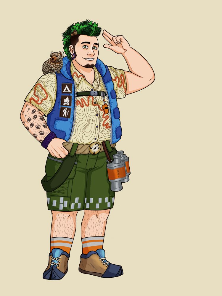 a full body illustration of Dakota, a short chubby person styled after outdoor equipment, with such things like a topographic map button down shirt, a puffer vest made of a sleeping bag, and various other things. They're saluting with a smile on their face. Dakota has a mohawk made out of green oak leaves and pine needles, and on their shoulder they have a pika made to look like a pine cone
