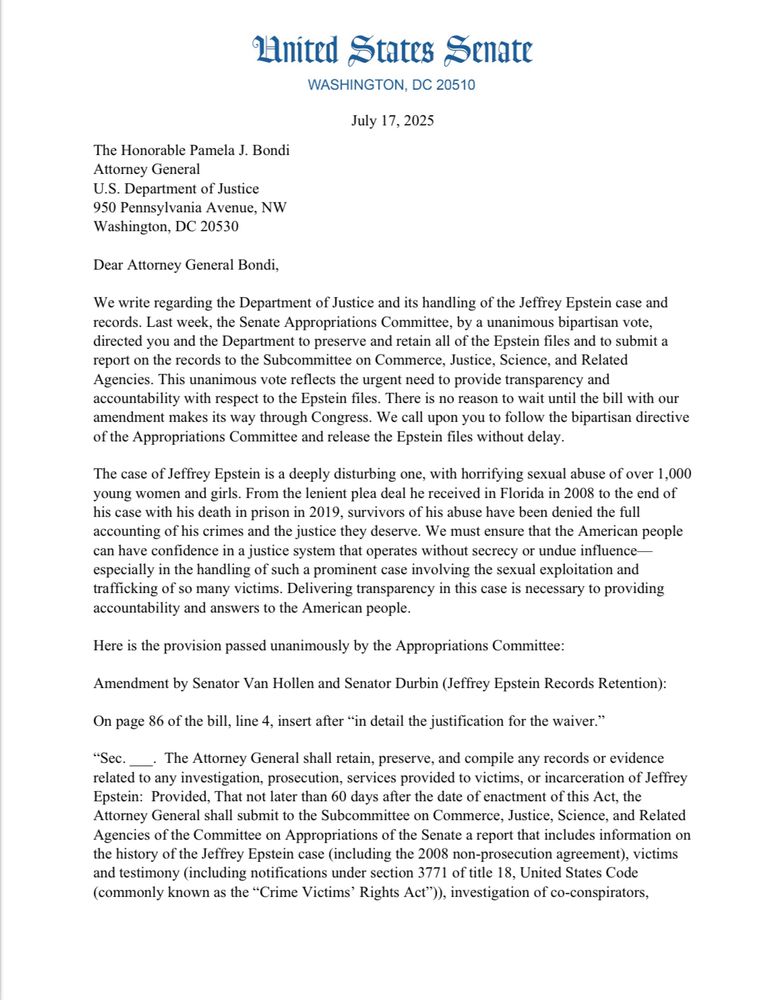 Letter from Sens. Durbin and Van Hollen to AG Pam Bondi. 